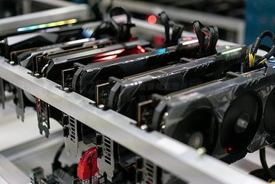 State-of-the-art mining farm facility showing rows of mining rigs working efficiently