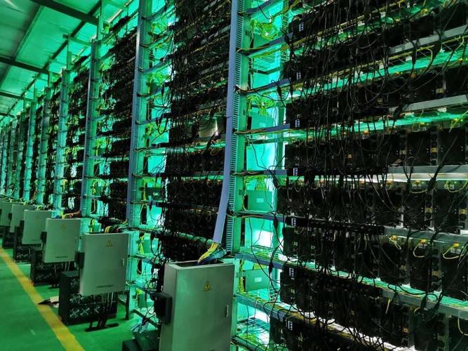 A large-scale cryptocurrency mining farm filled with mining rigs
