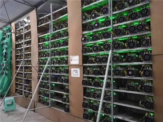A bustling mining farm with rows of active rigs, symbolizing the robust infrastructure behind cryptocurrency mining efforts